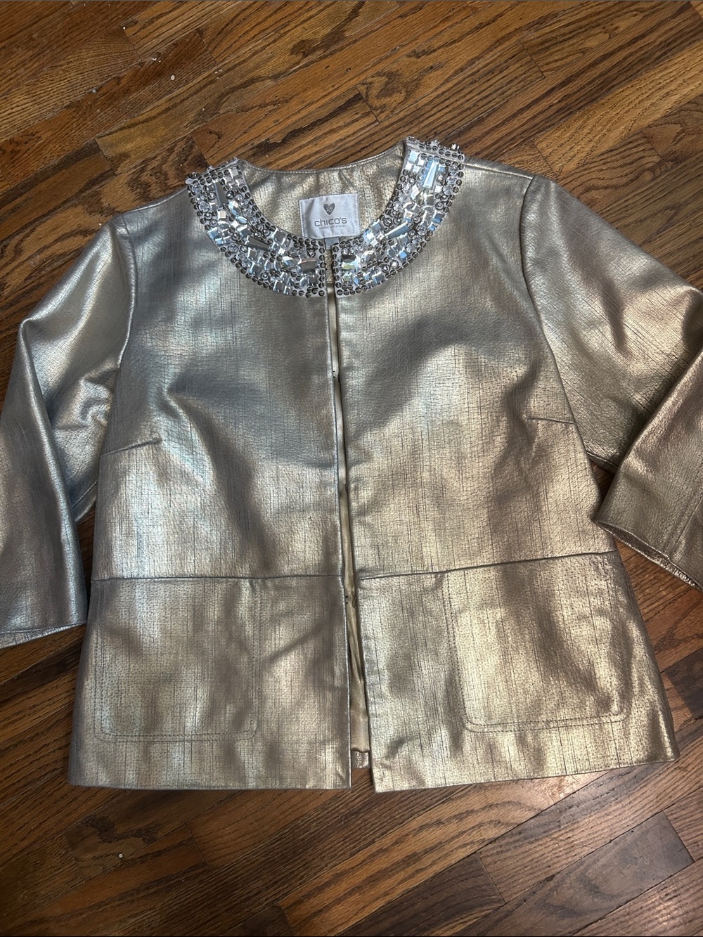 Chico's Metallic Gold Jeweled Collar Jacket 100% leather SIZE 3